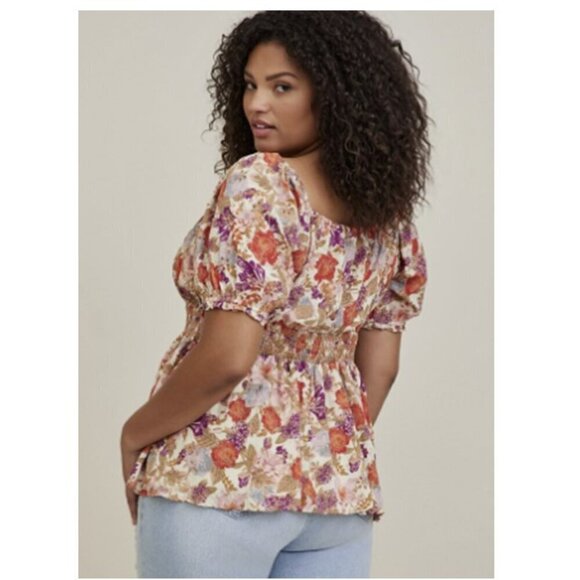 Torrid Georgette Eyelet Smocked Waist Puff Sleeve Floral Boho Top - Picture 7 of 10
